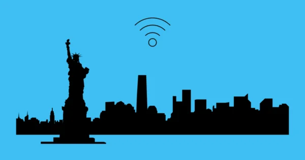 image représentant New-York et l'icone du wifi pour signifier le fait d'avoir internet en voyage à New-York
