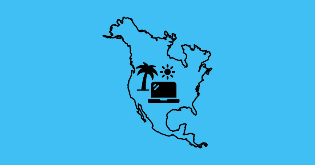 illustration des usa et du canada et d'un ordinateur avec du soleil et un palmier pour parler des digital nomads