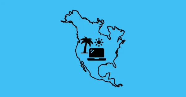 illustration des usa et du canada et d'un ordinateur avec du soleil et un palmier pour parler des digital nomads
