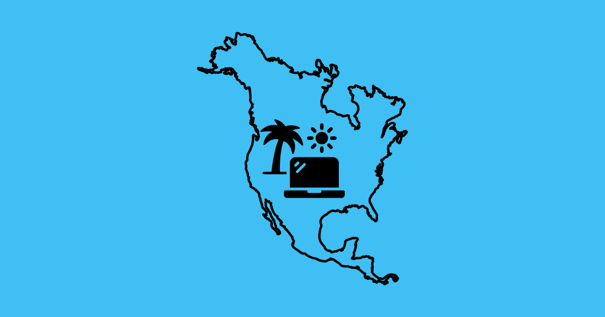 illustration des usa et du canada et d'un ordinateur avec du soleil et un palmier pour parler des digital nomads